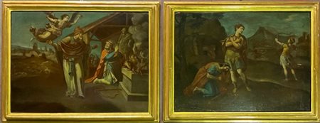 Ignoto, coppia di antichi dipinti olio su tela raffiguranti le storie di Re Dav