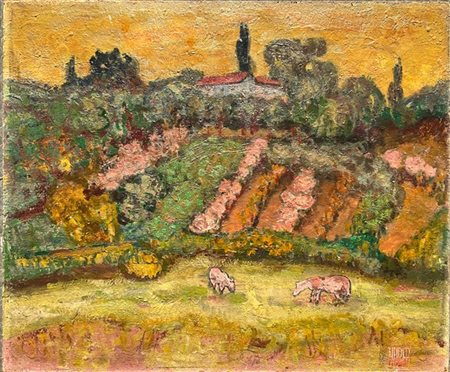 Huber "Paesaggio" olio su masonite (cm 65x80) firmato in basso a destra
(difetti