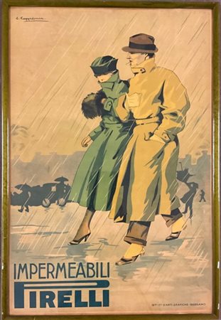 Manifesto pubblicitario di impermeabili Pirelli (Cappadonia) (cm 100x67) in cor