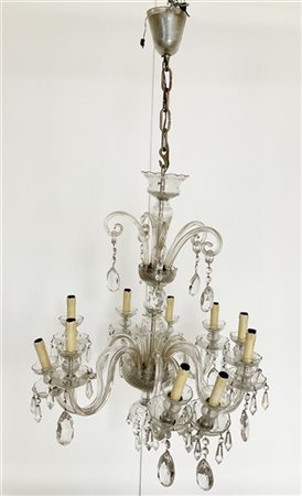 Manifattura di Murano, lampadario a dieci luci in vetro (h. cm 90) (difetti e r