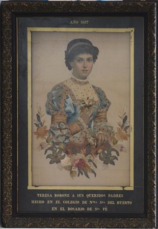 Ricamo in seta a fili d'argento e perline su tela raffigurante ritratto di sign