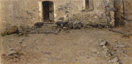 Achille Formis Befani "Il cortile" '99, 
olio su compensato (cm 29x59)
 Firmato