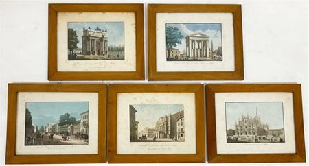Gruppo di cinque stampe policrome all'acquaforte su carta raffiguranti vedute m