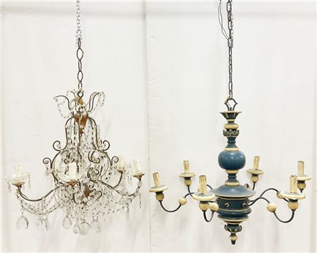 Lampadario in legno laccato blu e bianco a sei bracci (h cm 60xd 73) unito ad u