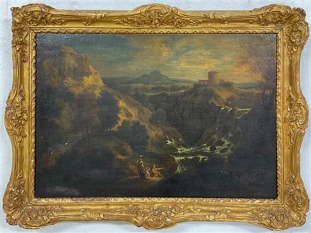 Ignoto della prima metà del XIX Secolo, "Paesaggio con viandanti" (cm 42x61) In