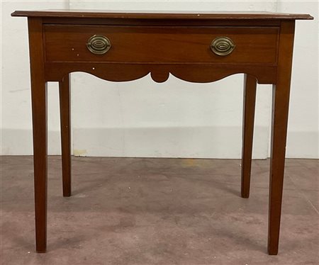 Tavolino scrittoio da muro impiallacciato e filettato in legni vari con fronte