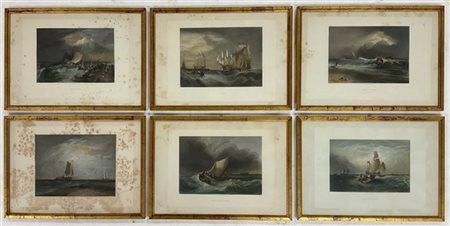 Lotto composto da sei acqueforti raffiguranti imbarcazioni in mari in burrasca