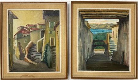 Lotto composto da due oli su tela e una tecnica mista su carta raffiguranti pae