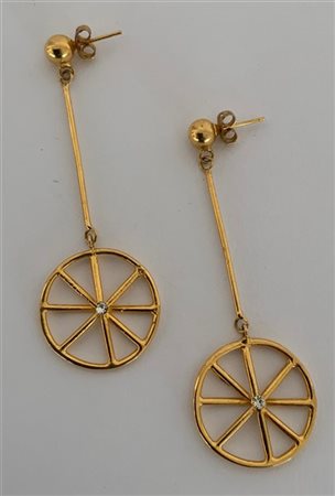 Orecchini ispirati a “Orecchini Ruote” di Fausto Melotti
metallo dorato. Realiz