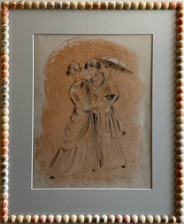 Eros Pellini "Donne con ombrellino" 1981 - 89, tecnica mista su carta (cm 44x34)