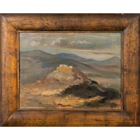 SCUOLA EUROPEA XIX SEC
Paesaggio con fortezza 
Olio su tela