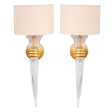 COPPIA DI APPLIQUE in legno e vetro soffiato