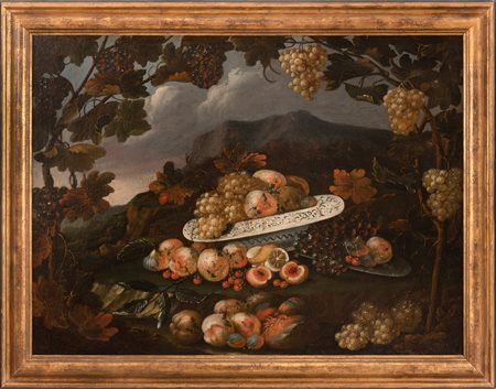 Pittore emiliano della seconda metà del XVII secolo   Natura morta di frutta in paesaggio  