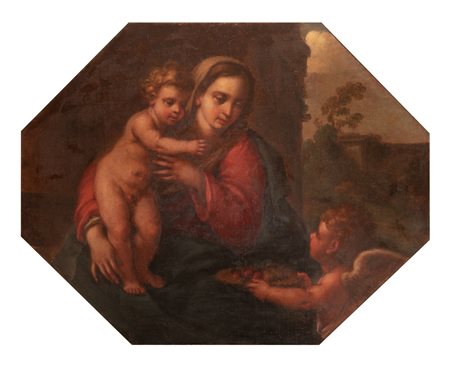 Pittore francese attivo a Roma metà XVII secolo   Madonna con Bambino e un angelo che offre cesta di frutta 