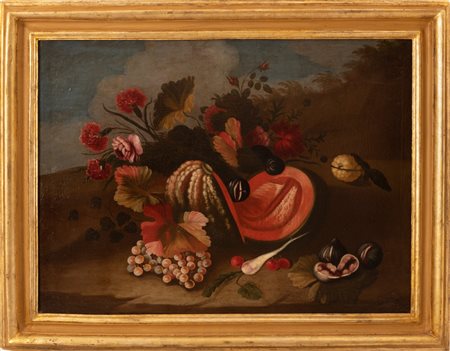 Pittore marchigiano del XVIII secolo   Natura morta con zucca, frutta e fiori 