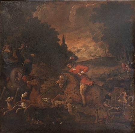 Pittore romano del XVII secolo   Scena di caccia al cervo e al cinghiale fine XVI secolo 