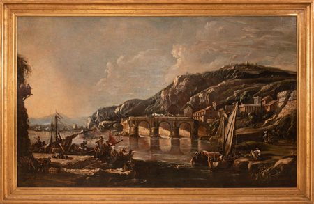 Johann Anton  Eismann (attribuito a)   Paesaggio fluviale con imbarcazioni e personaggi  
