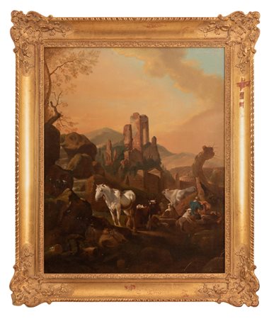 Nicolaes  Berchem (cerchia di)   Paesaggio con rovine, figure e armenti 