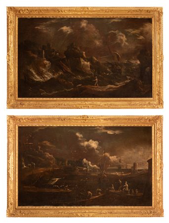 Pittore veneto del XVIII secolo   Coppia di dipinti raffiguranti burrasca e veduta di porto 