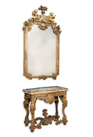    Lotto composto da consolle e specchiera riccamente intagliati, dipinti e laccati, Roma, XVIII secolo 