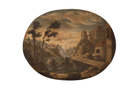 Pittore del centro Italia della seconda metà del XVIII secolo   Dipinto ovale raffigurante paesaggio fluviale entro antica cornice 