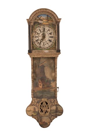    Orologio olandese da muro in legno dipinto a motivi vegetali  XIX secolo