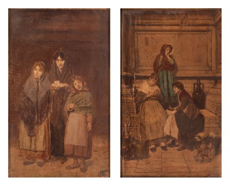    Due stampe applicate su tavola raffiguranti scene di genere 