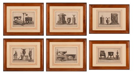 Lorenzo  Roccheggiani   Lotto di 6 incisioni illustranti suppellettili, arredi e costumi descritti da un vasto e vario repertorio di antichità di eterogenea provenienza e cronologia. 