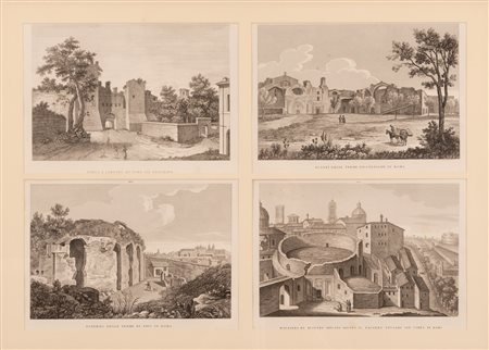    Lotto di quattro incisioni in unica cornice raffiguranti rovine romane 