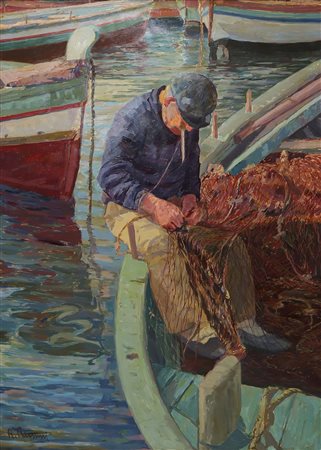 Roberto Rimini (Palermo 1888-1971)  - Pescatore ad Acitrezza che rimaglia le reti