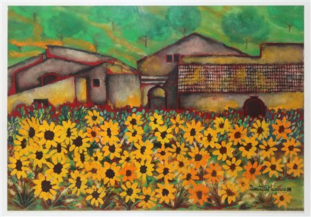Donatella Maganuco (Catania 1944-2011)  - Campo con case e margherite gialle