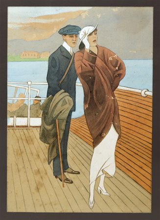 Attr. Marcello Dudovich (Trieste 1878-Milano 1962)  - Elegante coppia di personaggi su nave, vintage
