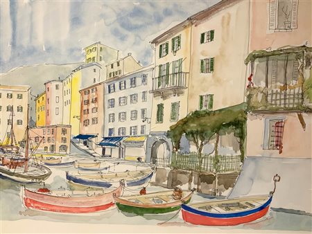 Max Dissar (Nizza 1908-Juan-les-Pins 1993)  - Paesaggio marino con case