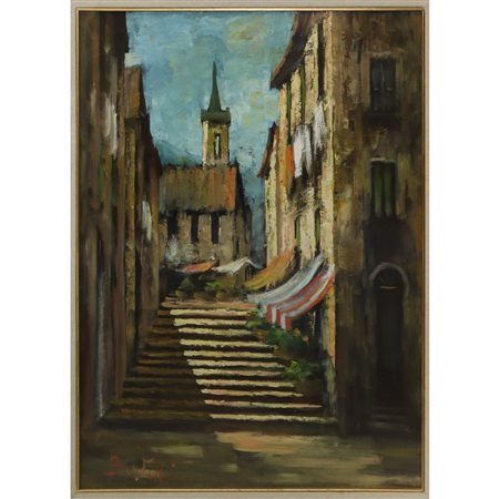 Luigi Bertelli (Bologna 1832-Bologna 1916)  - Paesaggio con scalinata e chiesa