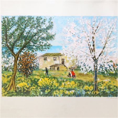 Michele Cascella (Ortona 1892-Milano 1989)  - Casa con alberi e personaggi