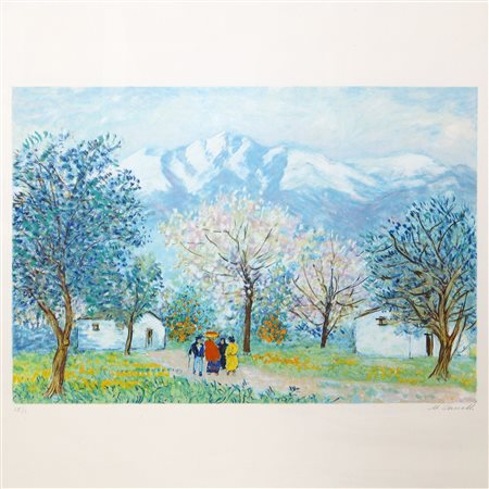 Michele Cascella (Ortona 1892-Milano 1989)  - Casa con alberi e personaggi