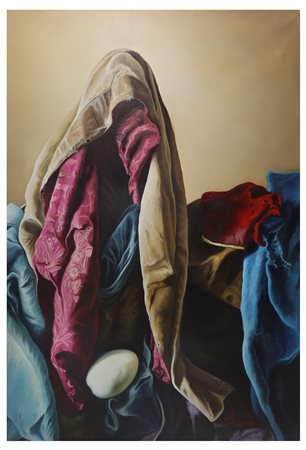 Antonio Sciacca (Catania 1957)  - Manichino con stoffe e uovo