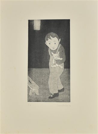 Walter Willisch RAGAZZO CON CONIGLIETTO acquaforte-acquatinta su carta, mm...