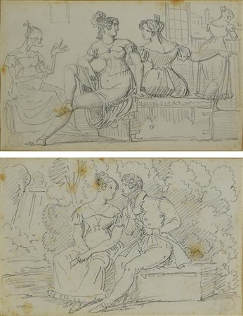 Scuola Neoclassica STUDIO DI FIGURE FEMMINILI E COPPIA DI AMANTI matita su...