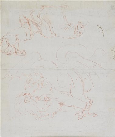 Scuola italiana del XVIII secolo STUDIO DI CANE, LEONE E DRAGO sanguigna su...