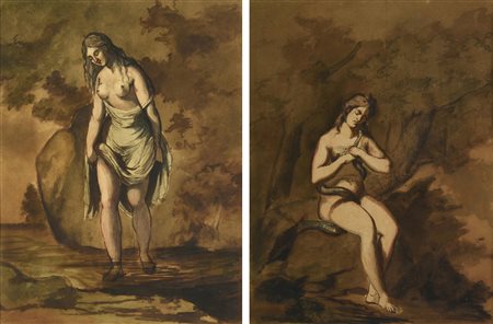Attribuito a Luigi Croff (1806 - 1885) DUE FIGURE FEMMINILI inchiostro e...