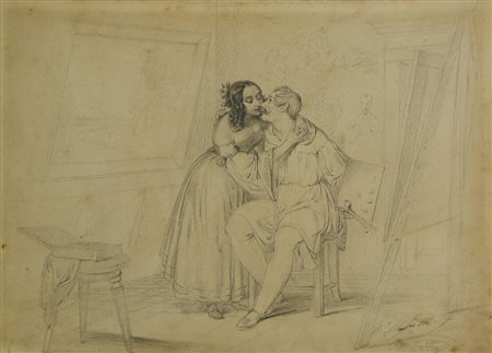 Antonio Masutti (1813 - 1895) INTERNO DI STUDIO CON PITTORE E MODELLA DAVANTI...