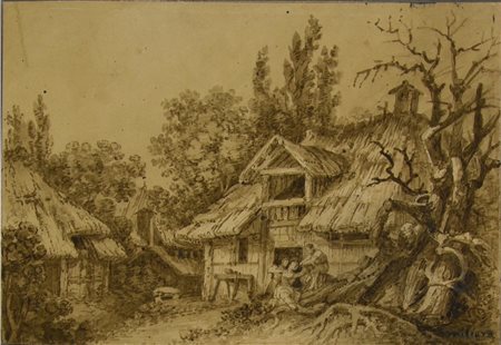 Scuola nordeuropea XIX secolo PAESAGGIO inchiostro acquerellato su carta, cm...