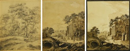 Scuola italiana del XIX secolo TRE VEDUTE inchiostro, acquerello e matita su...