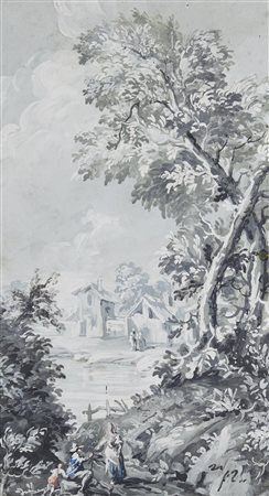 Scuola francese della fine del XIX secolo VEDUTA FLUVIALE tempera e gouache...