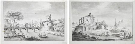 Scuola veneta del XVIII secolo COPPIA DI VEDUTE FLUVIALI acquarello monocromo...