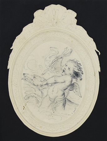 a firma Vincenzo Gemito PUTTO matita su cartone ovale sagomato, cm 21,5x15 firma