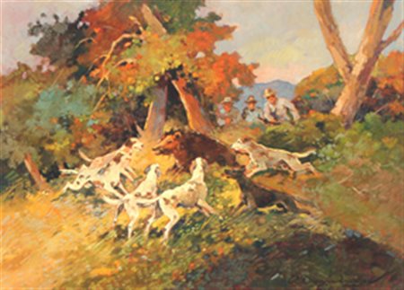 DOMENICI Carlo (Livorno, 1898 - Portoferraio, 1981) Caccia al cinghiale olio...
