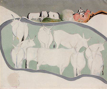 CESETTI Giuseppe (Tuscania 1902 - Tuscania 1990) Buoi, 1965 olio su tela, cm....