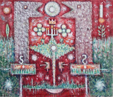 MARTIN Philip (Essex 1927) The Guardians, 1962 olio su tavola, cm. 69 x 81...